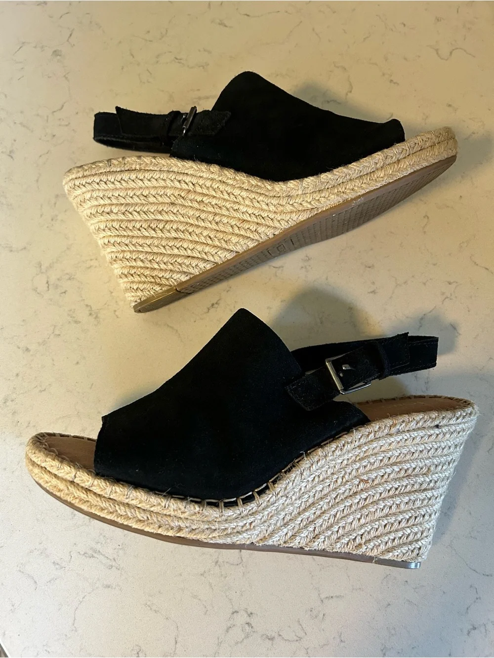 TOMS Monica Black Suede Leather Wedge Espadrille Sandals
